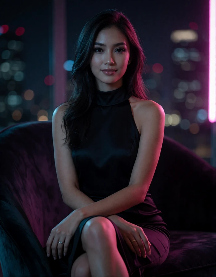 Malaysian woman in her mid twenties in a modern evening dress seated in an upscale lounge interior