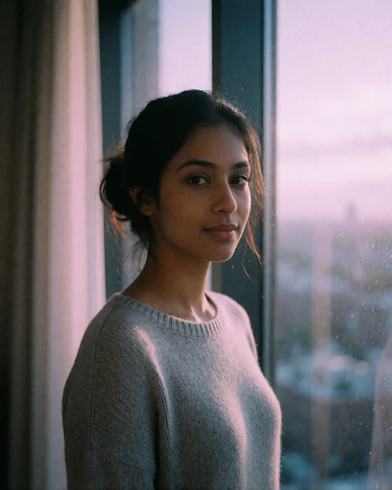 Sri Lankan woman in her late twenties in a soft grey knit top standing near a window with evening city glow