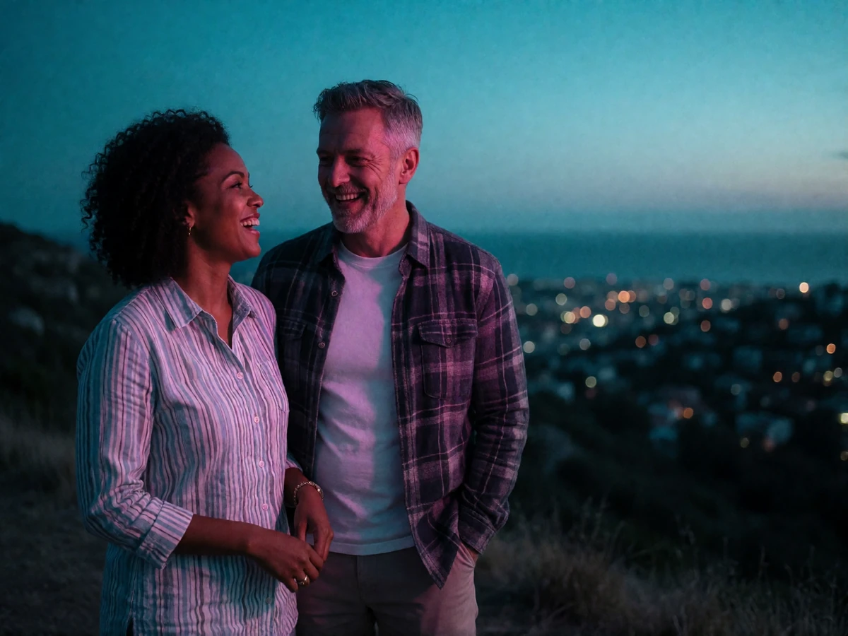 A Timorese woman and a Western man in their late forties standing together on a hillside overlook at dusk, laughing