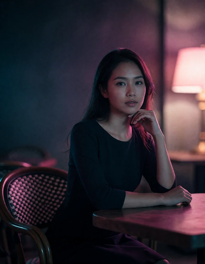 Laotian woman in her early thirties seated at a café table, a verified member of the Laotian Dating community
