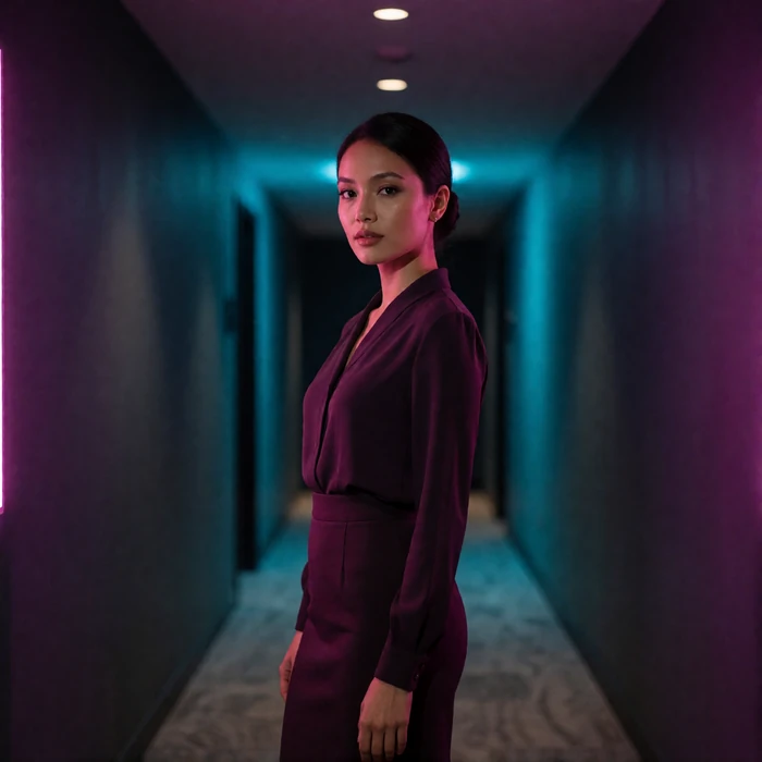 Burmese woman in her early thirties in a deep plum blouse standing in a quiet hotel corridor