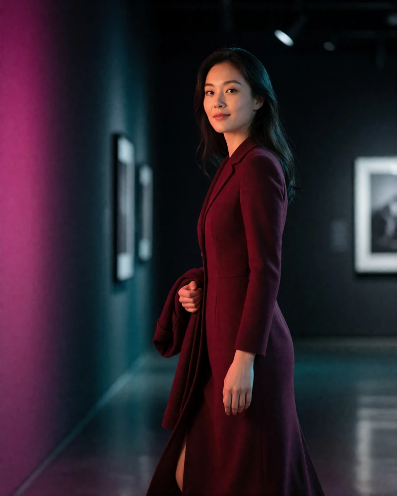 Chinese woman in her early thirties in a burgundy midi dress walking through a dim modern gallery corridor