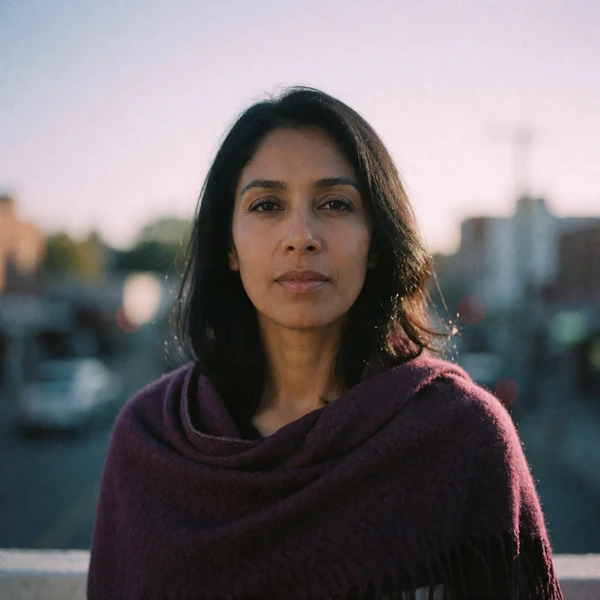 Portrait of an Afghan woman in her thirties wearing a plum shawl, a verified member of the Afghan Dating community