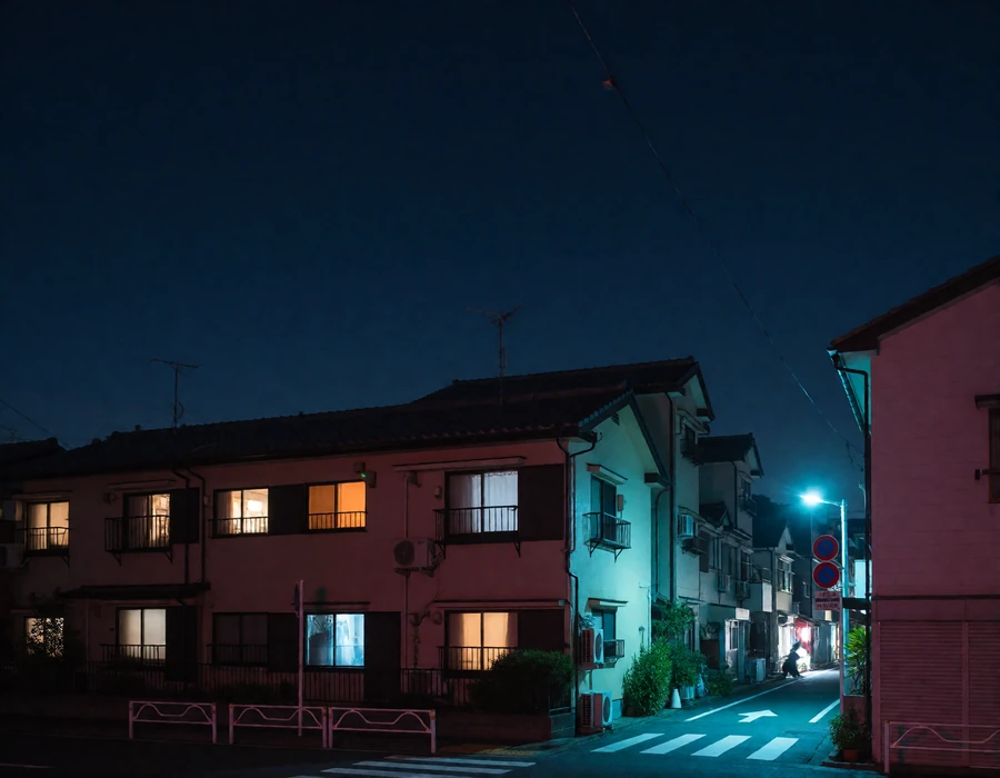 Quiet residential East Asian city district at night with warm apartment windows and a cyan-lit crosswalk