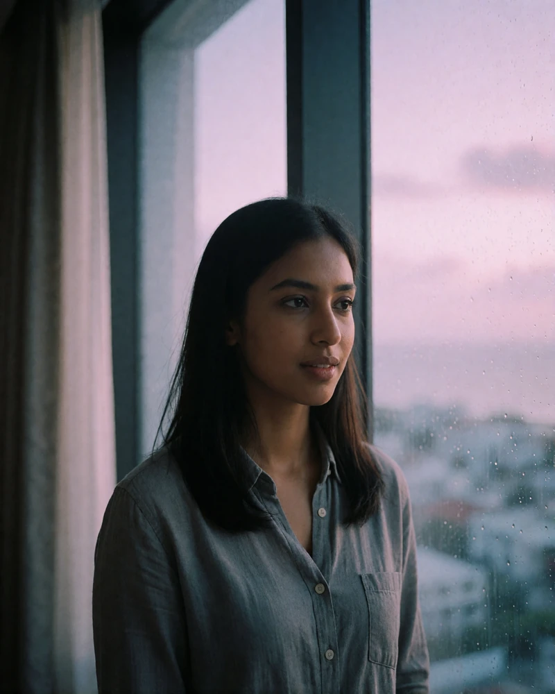 South Asian island woman in her mid twenties in a soft grey shirt indoors beside a tall window at evening