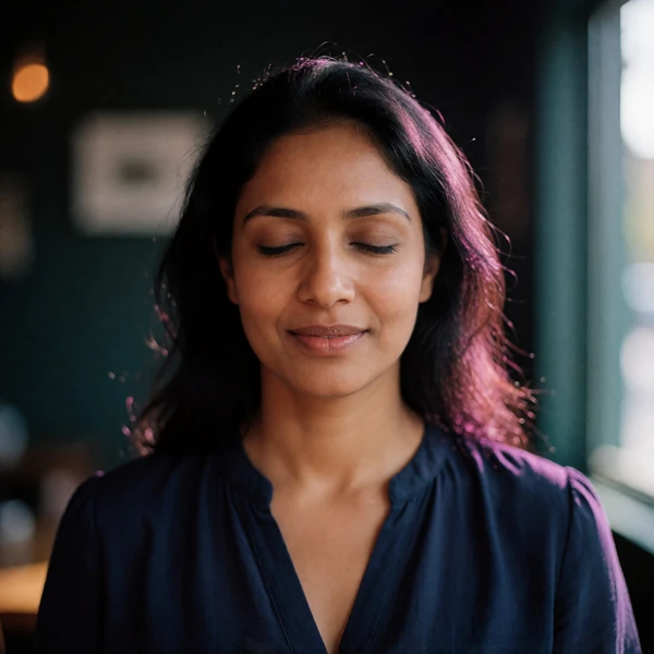 Portrait of a Sri Lankan woman in her thirties in a navy blouse, a verified member of the Sri Lankan Dating community