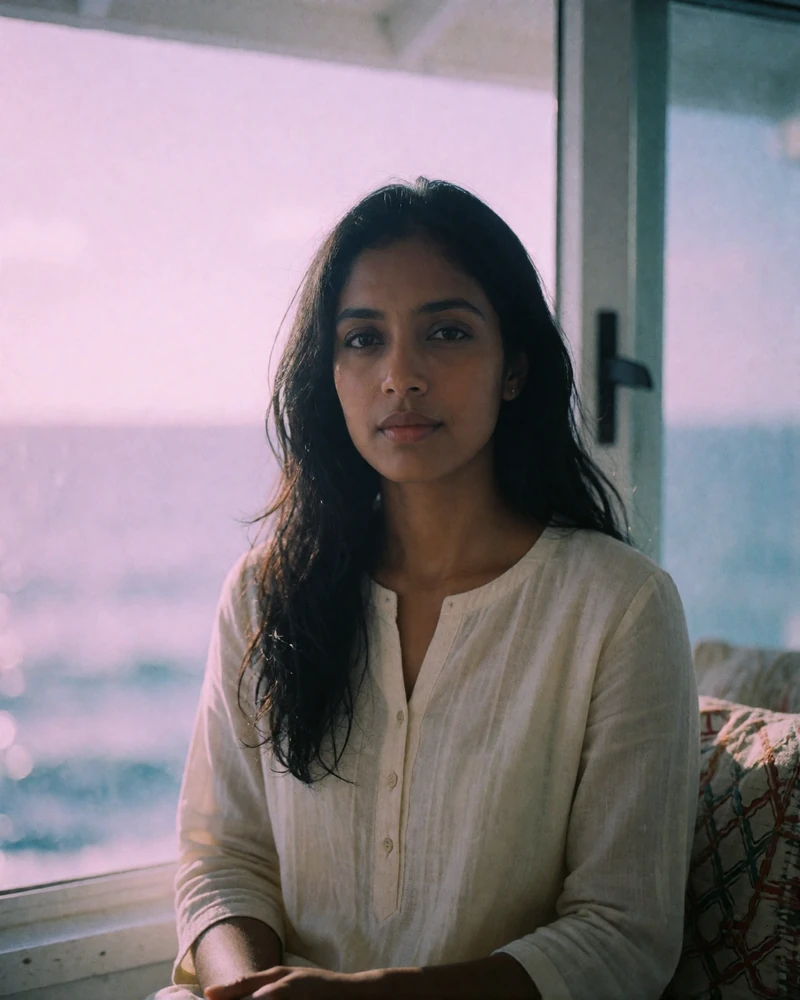 South Asian island woman in her early thirties in a cream tunic seated indoors near an open window