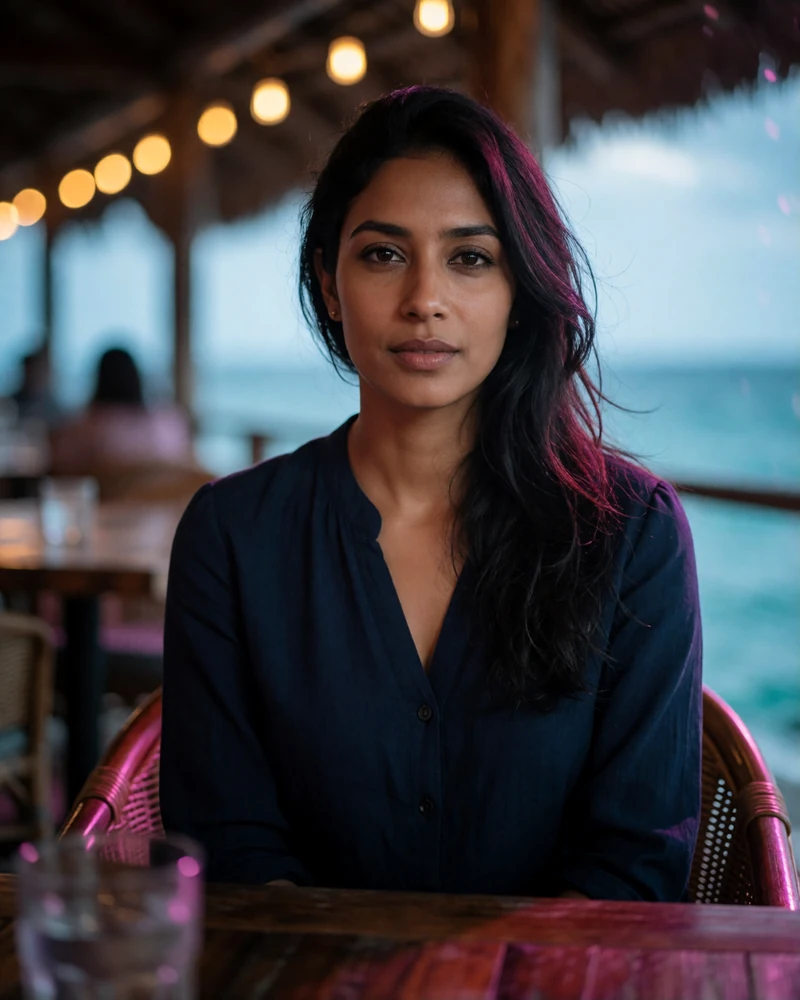 South Asian island woman in her early thirties in a navy blouse seated at a dim seaside lounge table