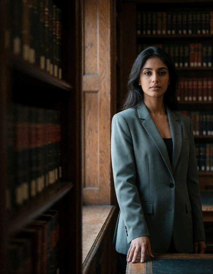 Indian woman in her late twenties in a slate-grey blazer in a wood-panelled reading room