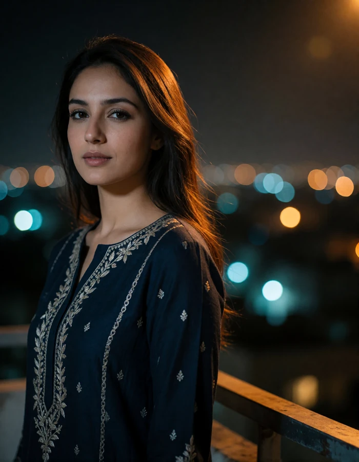 Pakistani woman in her early thirties in a dark navy embroidered tunic standing on a night terrace with city lights behind her