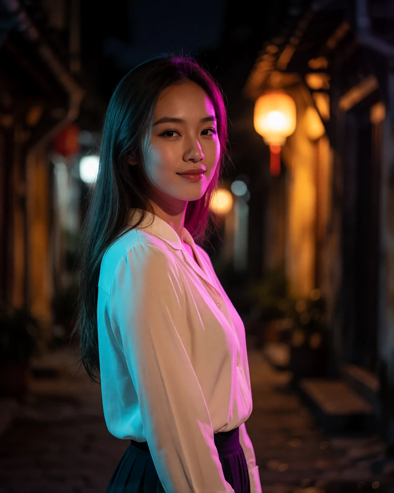 Vietnamese woman in her late twenties in an ivory blouse standing in a narrow old-town street at night among lantern light