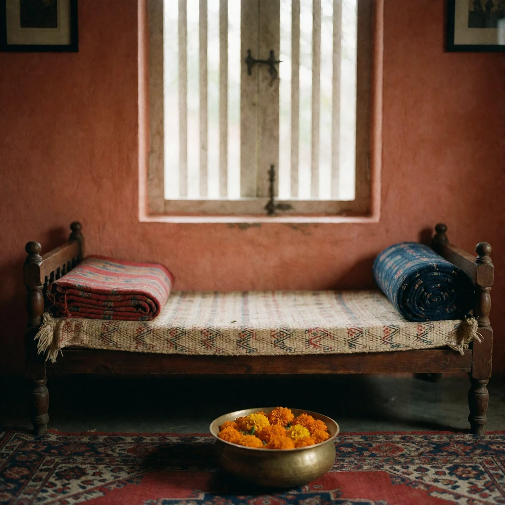Quiet traditional South Asian family living room with a wooden bench, woven textiles and marigold blossoms