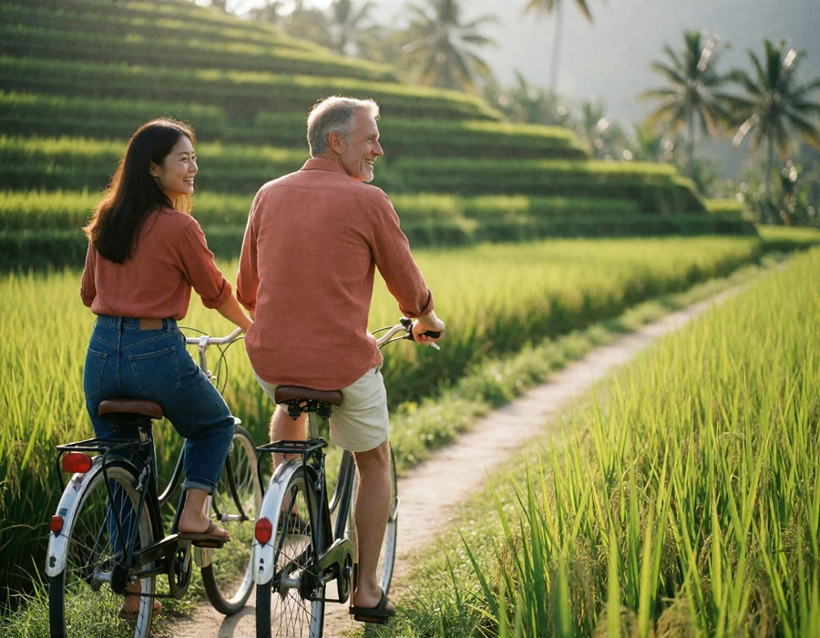 Asian woman and an older Western man riding bicycles side by side along a path between bright green rice terraces