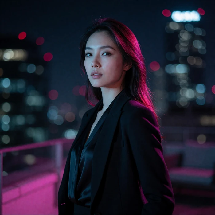 Taiwanese woman in her early thirties in a black blazer standing on an upscale rooftop terrace at night