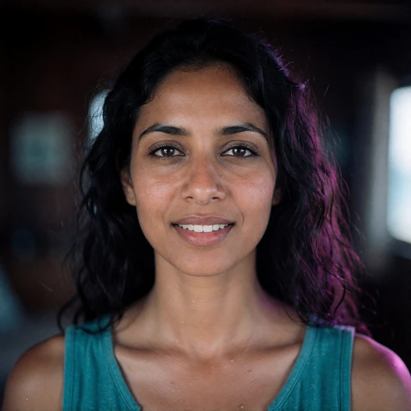 Portrait of a Maldivian woman in her late twenties in a teal top, a verified member of the Maldivian Dating community