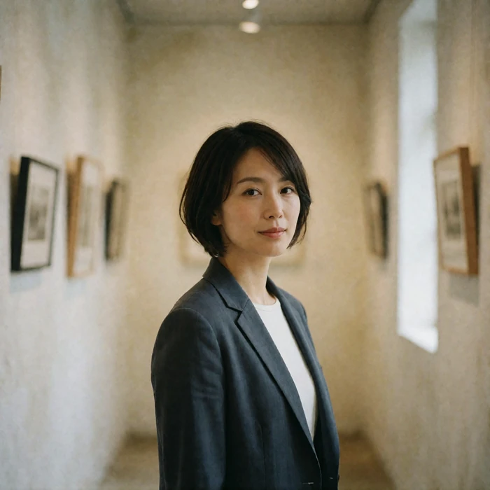 Japanese woman with a short bob in a charcoal blazer standing in a quiet gallery corridor