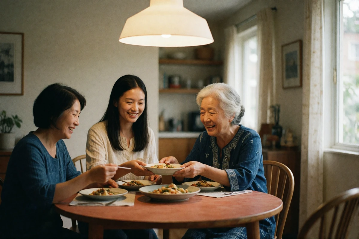 Asian family of three generations sharing dinner at a round table, a young woman between her mother and grandmother