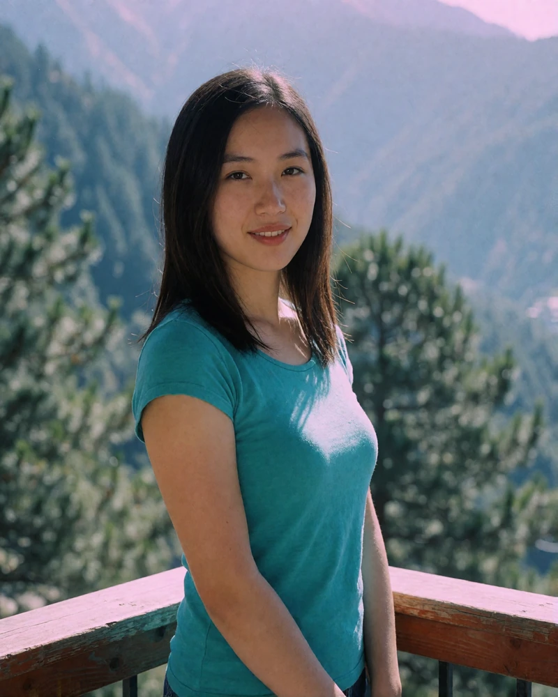 Bhutanese woman in her mid twenties in a turquoise top standing on a wooden balcony with blurred pine slopes behind her