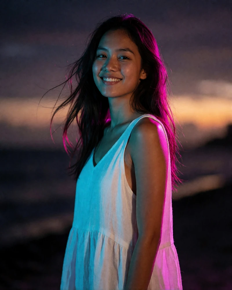 Filipino woman in her late twenties in a flowing white linen dress standing on a dim tropical shoreline at dusk