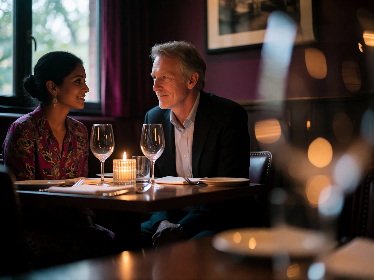A Sri Lankan woman and an older Western man sharing a quiet conversation over dinner by candlelight