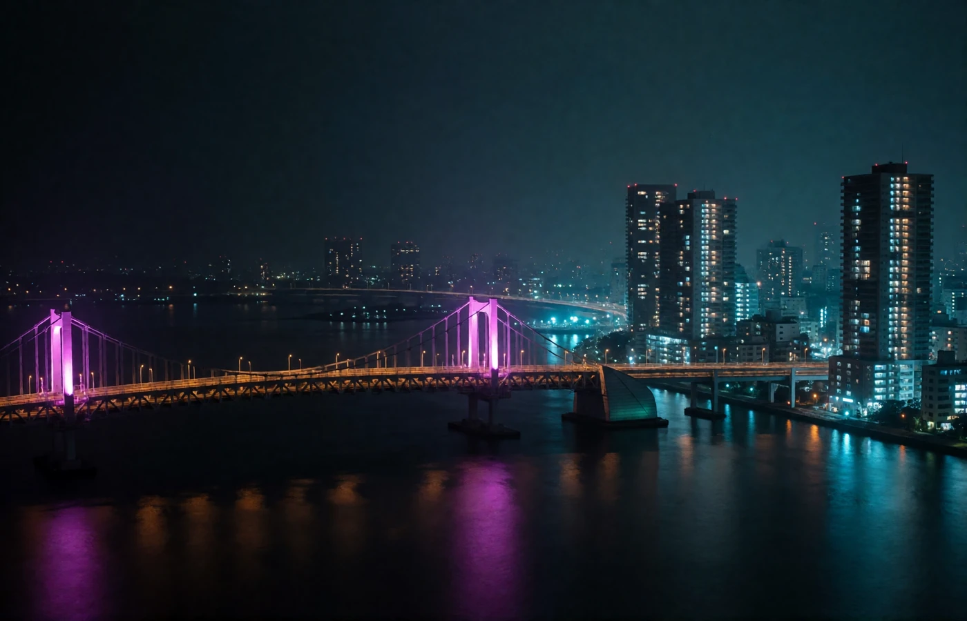 Night view across a Japanese bay with an illuminated suspension bridge and glowing modern towers