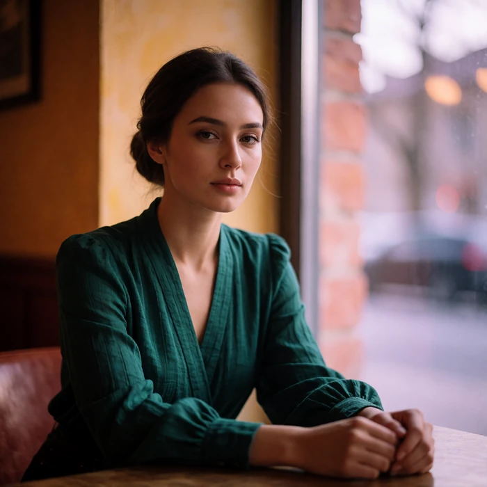 Kazakh woman in her early thirties in a deep emerald blouse seated at a café window seat
