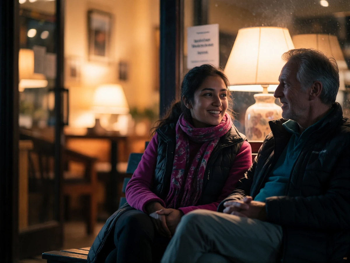 Nepali woman and an older Western man seated close together at a dark cafe table at night, mid-conversation with warm lamp light on their faces