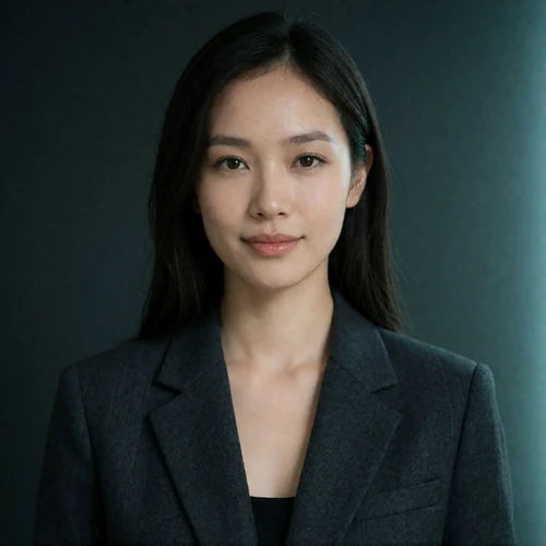 Portrait of a Thai woman in a charcoal blazer, a verified member of the Thai Dating community