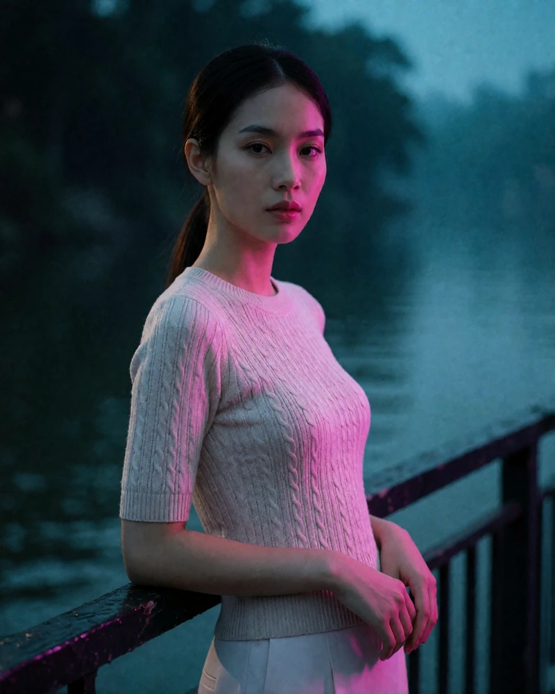 Vietnamese woman around thirty in a pale rose knit top standing by a riverside railing at dawn