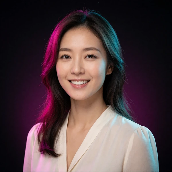 Portrait of a Korean woman in her early thirties in an ivory blouse, a verified member of the Korean Dating community