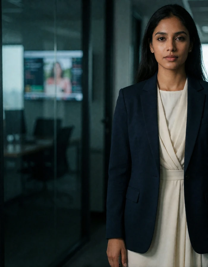 Bangladeshi woman in her late twenties in a navy blazer in a modern office, a verified member of the Bangladeshi Dating community