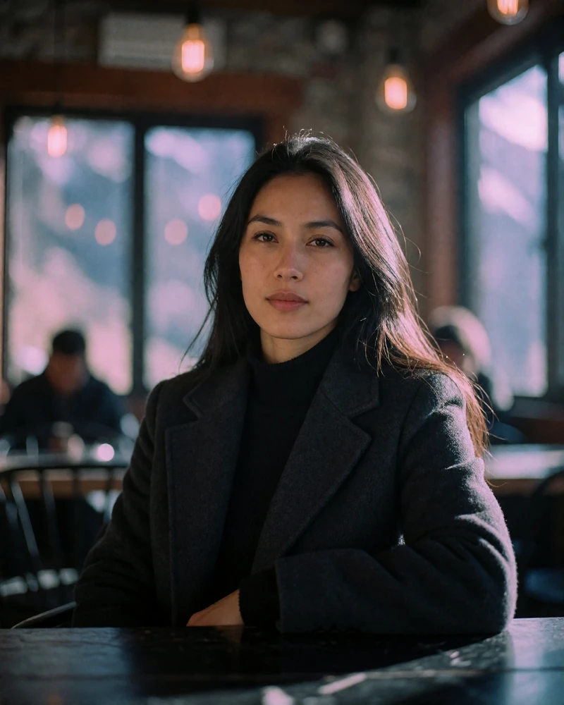 Nepali woman in her early thirties in a charcoal coat seated at a dark cafe table with warm bokeh lights behind her