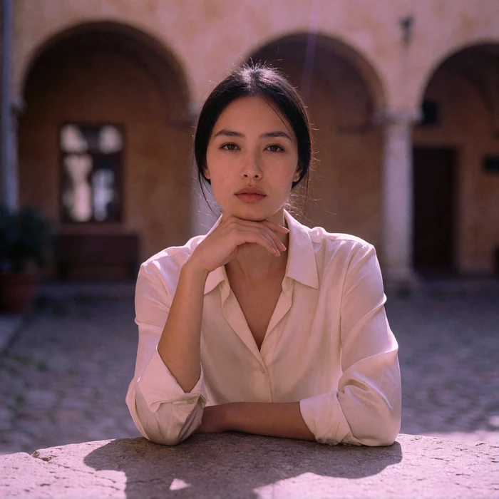 Uzbek woman in her early thirties in a cream silk shirt seated at a stone courtyard table