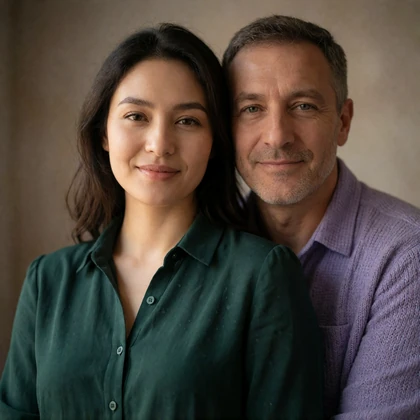 Kazakh woman with a middle-aged Western man standing close together, an intercultural couple within the Kazakh Dating community