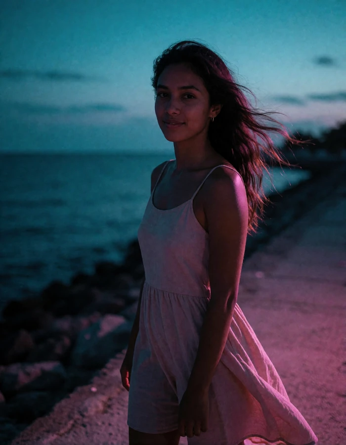 Timorese woman in her early thirties in a summer dress standing on a dim seafront walkway in the evening
