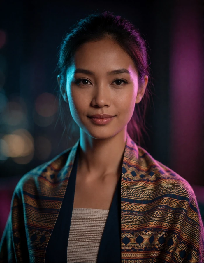 Laotian woman in her late twenties with a traditional woven silk shawl over a modern top, a verified member of the Laotian Dating community