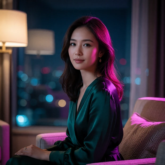 Taiwanese woman in her early thirties seated by a floor-to-ceiling window in a hotel lounge