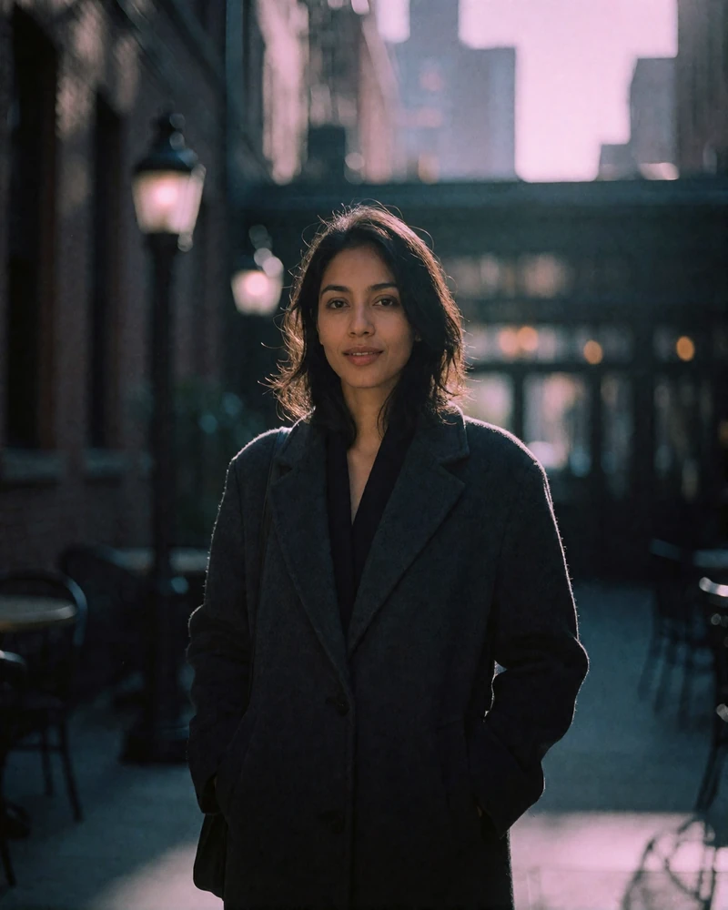 Afghan woman in her late twenties in a modest charcoal coat standing in a dark courtyard at dusk