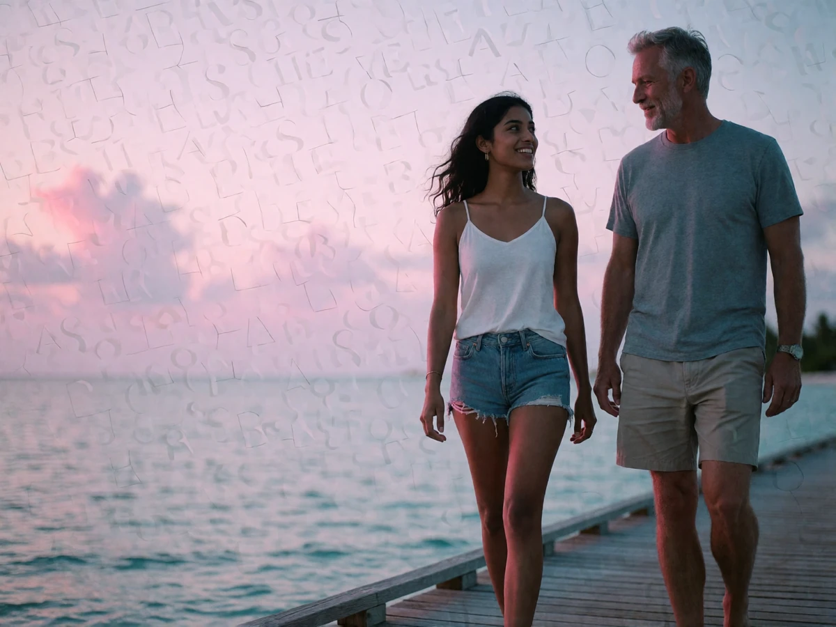 South Asian island woman and an older Western man walking together along a wooden jetty at sunset, turned toward each other mid-conversation