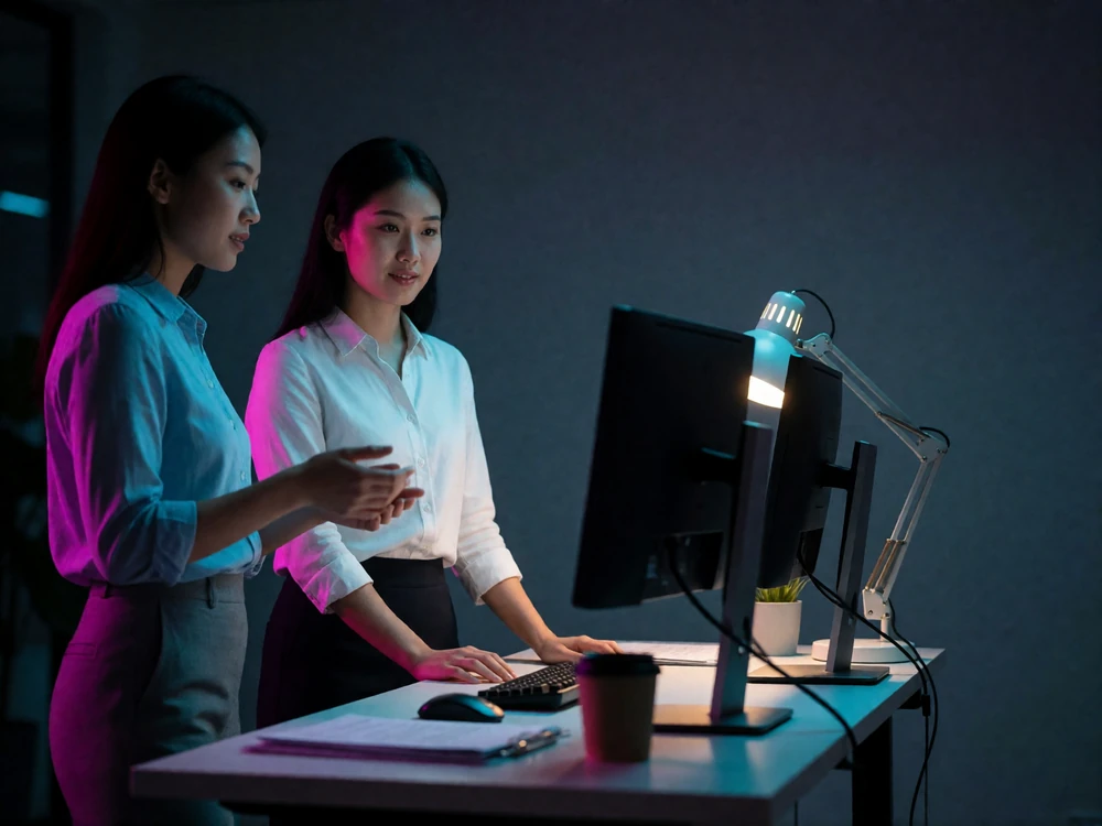 Two colleagues reviewing account safety and verification work together at a standing desk in a quiet dark-toned office