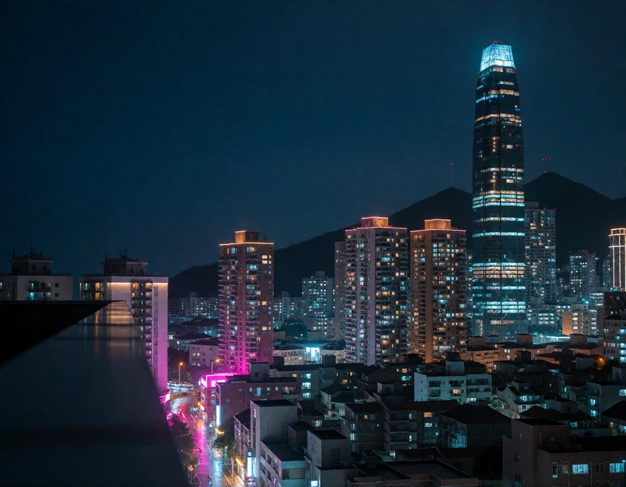 Elevated evening view of a modern East Asian island city with illuminated towers and distant mountains, representative of Taiwan's urban skyline
