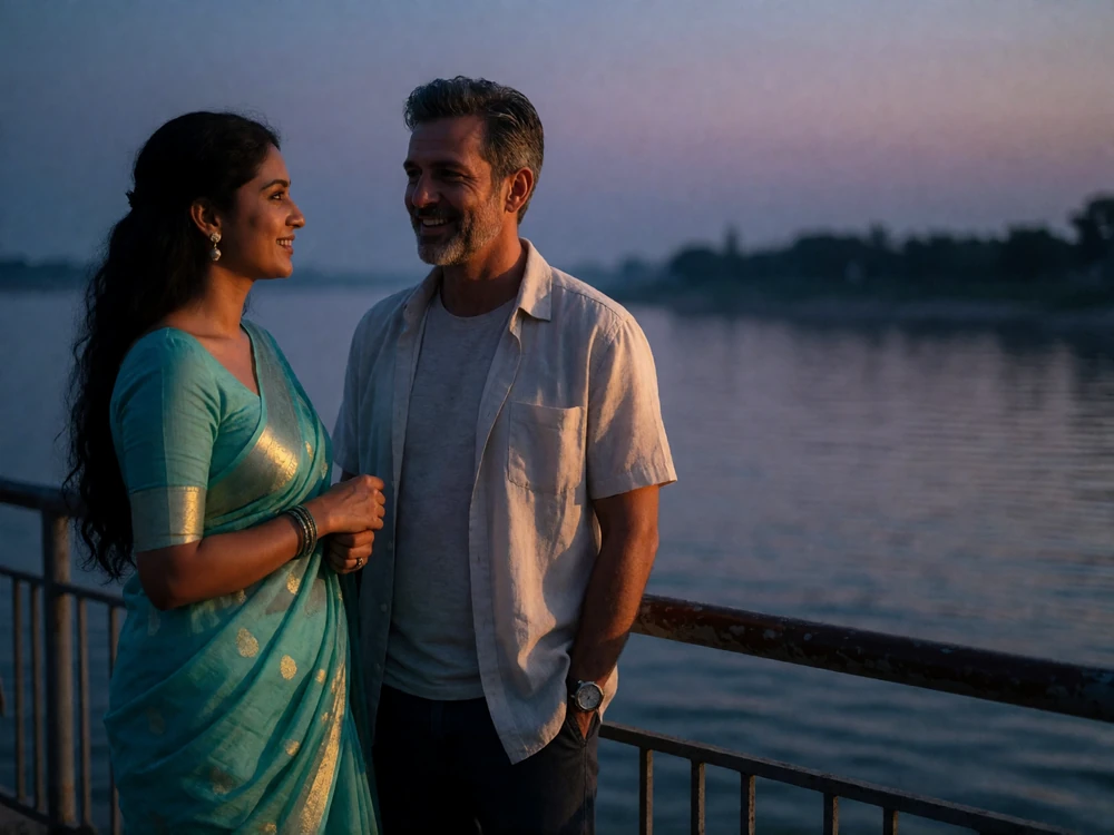 Bangladeshi woman in a teal saree and a Western man talking at a riverside railing at dusk