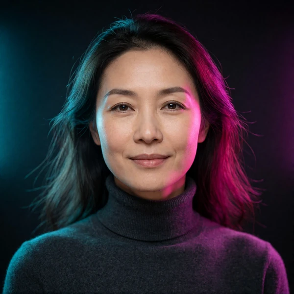 Portrait of a Chinese woman in her thirties in a charcoal turtleneck, a verified member of the Chinese Dating community