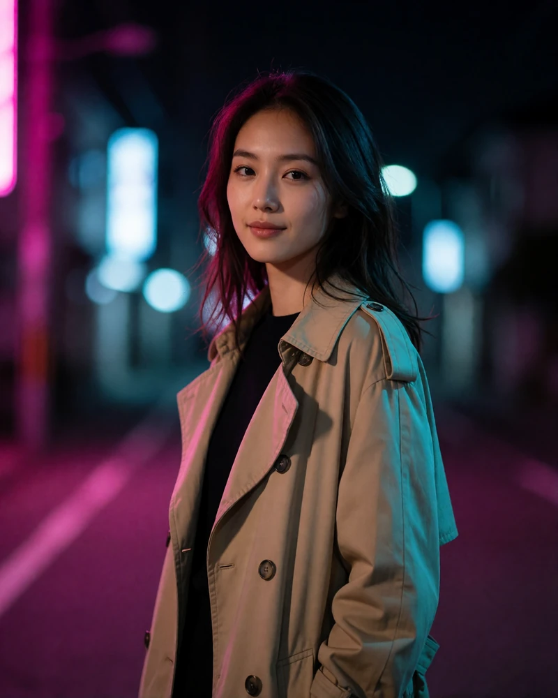 Japanese woman in her late twenties in a beige trench coat on a quiet night street, a verified member of the Japanese Dating platform