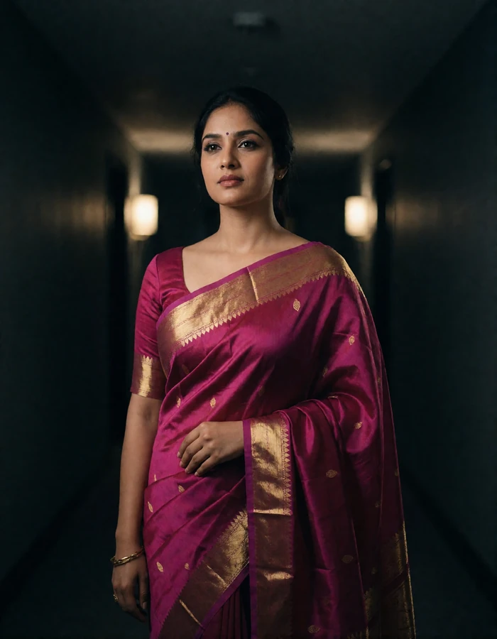 Bangladeshi woman in her early thirties in a magenta silk saree in a hotel gallery, a verified member of the Bangladeshi Dating community