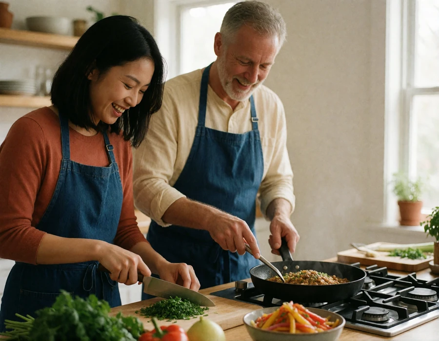 Asian woman and an older Western man preparing a regional dish together at a bright kitchen counter