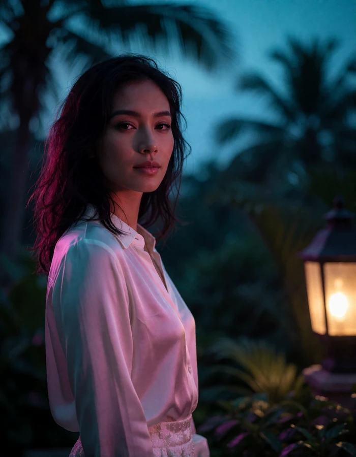 Malaysian woman in her early thirties in an elegant blouse standing in a tropical hotel garden at dusk