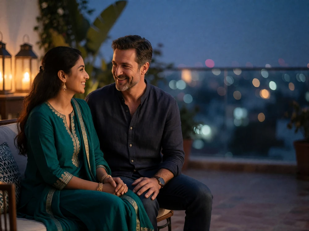 Indian woman in a teal kurta and a Western man in conversation on an evening terrace