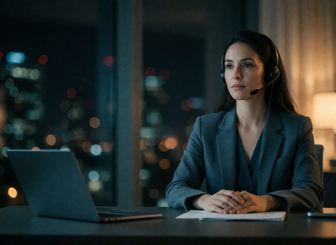 Support team member with a headset attentively reviewing a member safety case at a calm night-time desk