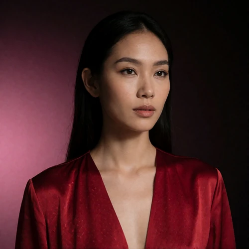 Portrait of a Thai woman in a deep red silk top, a verified member of the Thai Dating community